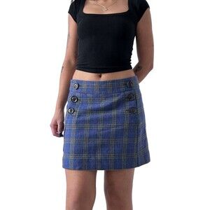 Vtg Y2K Gap Blue Plaid Mini Skirt Wool 2 Women's Buttons Tartan Academia Preppy